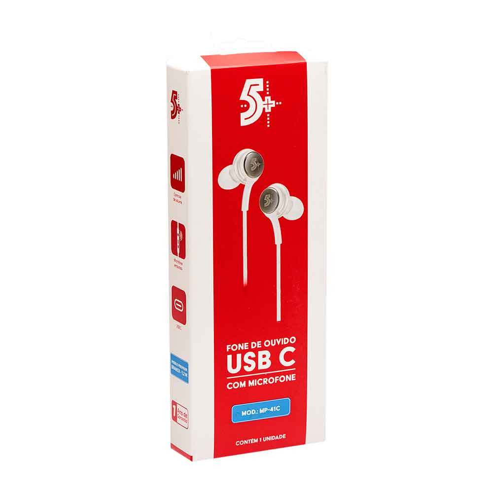 Imagem de FONE DE OUVIDO BRANCO TIPO C AURICULAR COM MICROFONE 1,20M 5+ - 043-0041
