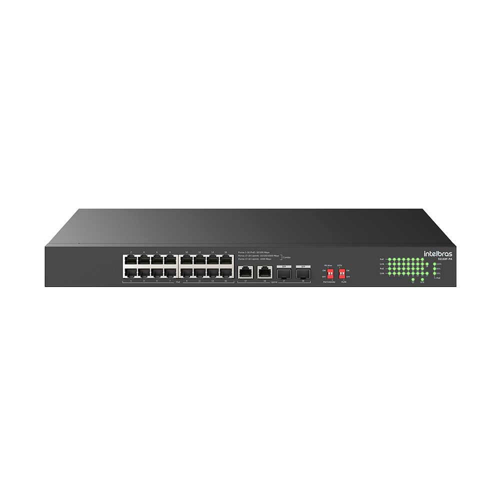Imagem de SWITCH INTELBRAS 16 PORTAS FAST POE MAIS 4 PORTAS GIGABIT SENDO 2 PORTAS COMBO SFP S1118F-PA-4760128