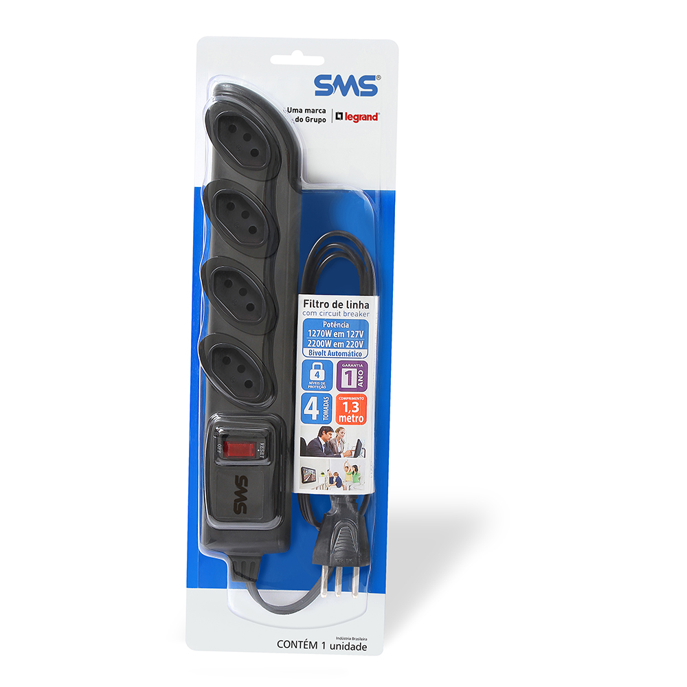 Imagem de FILTRO DE LINHA SMS 62328 BIVOLT 4T CABO 1,3M PRETO BLISTER