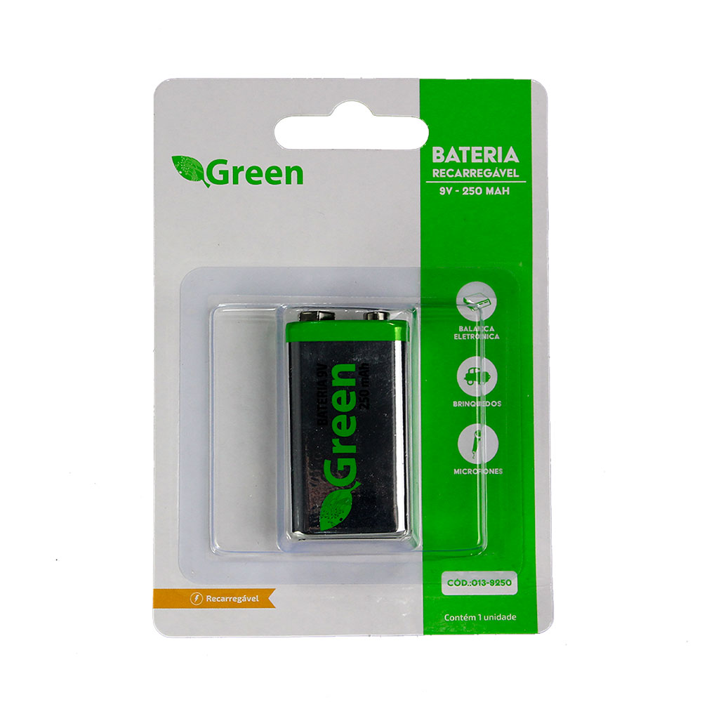 Imagem de BATERIA 9V RECARREGAVEL 250MAH GREEN - 013-9250