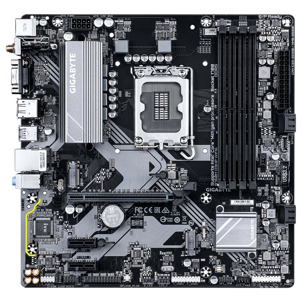 Imagem de PLACA MAE (INTEL) GIGABYTE B760M D3HP WIFI6 1.0 DDR5 LGA1700 12 13 E 14 GERACAO