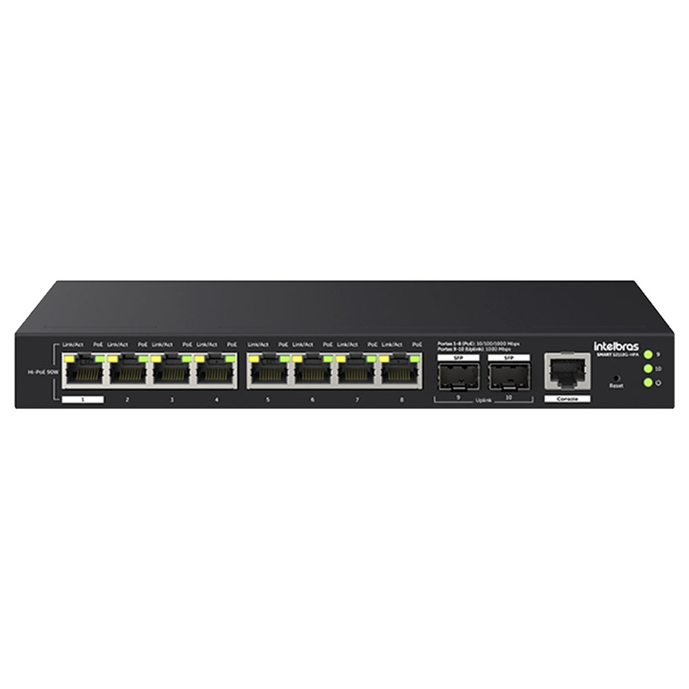 Imagem de SWITCH INTELBRAS GERENCIAVEL HI-POE 8 PORTAS GIGABIT E 2 PORTAS SFP SMART S2110G-HPA - 4760134