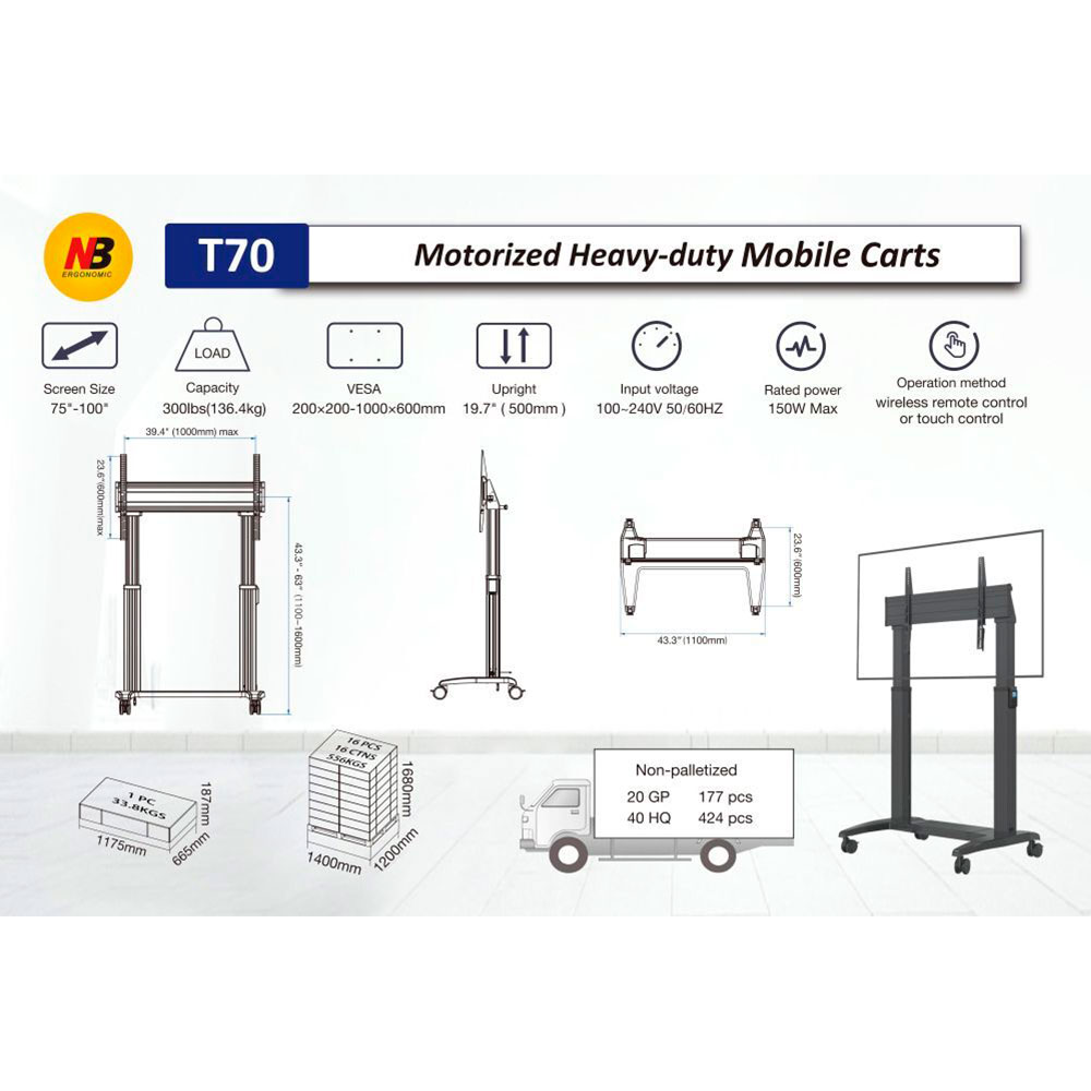 Imagem de SUPORTE PEDESTAL NORTH BAYOU 75" A 100" COM MOTORIZACAO (136,4KG) VESA 1000X600 - T70/GF100