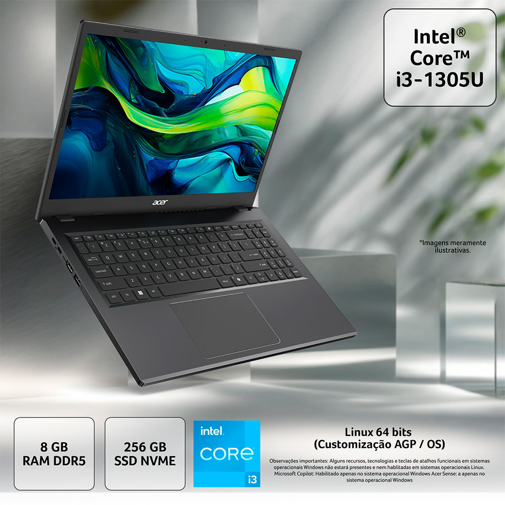 Imagem de NOTEBOOK ACER ASPIRE GO 15 15,3" WUXGA AG15-51P-37DQ/ I3-1305U/ 8GB/ 256GB/ LINUX