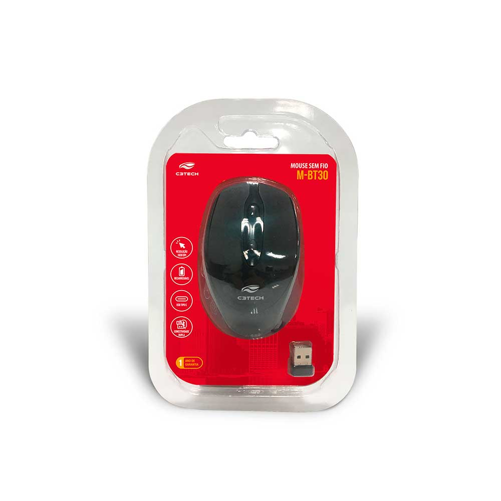 Imagem de MOUSE C3TECH SEM FIO RECARREGAVEL BLUETOOTH E RECEPTOR M-BT30BK