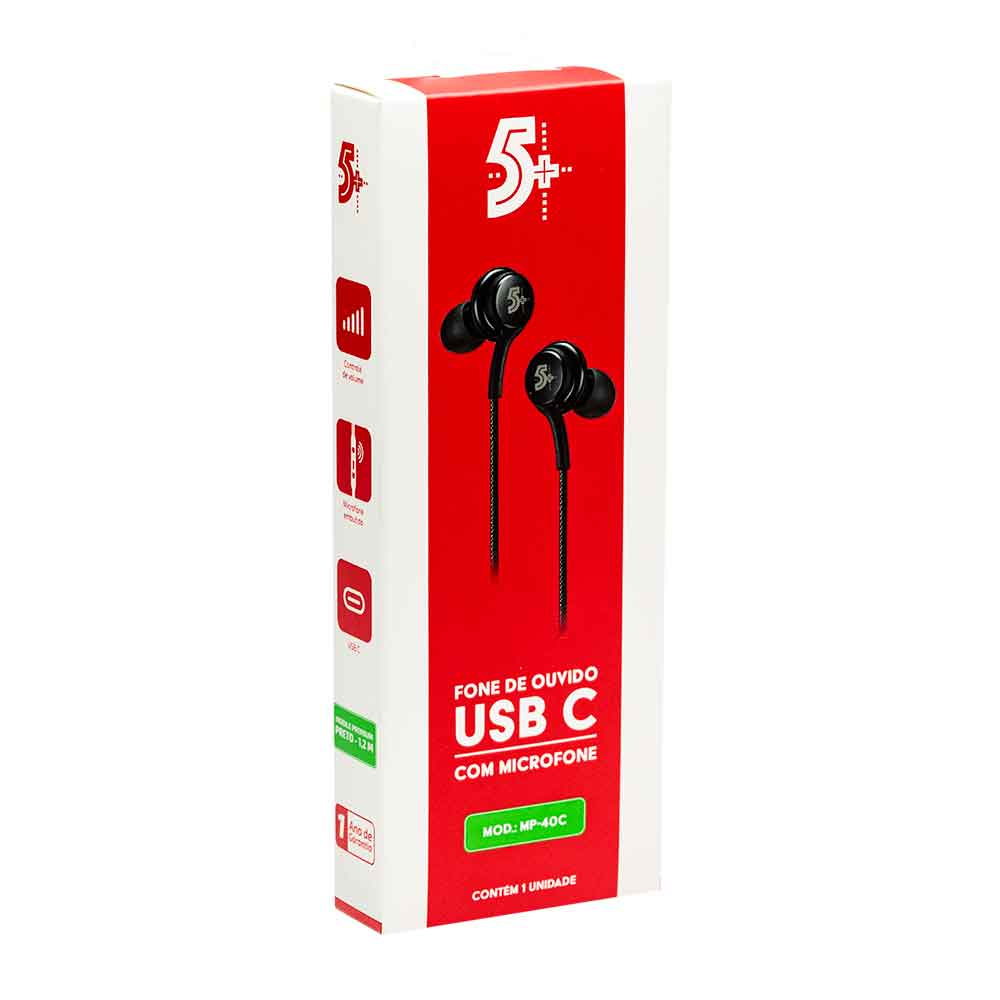 Imagem de FONE DE OUVIDO PRETO TIPO C AURICULAR COM MICROFONE 1,20M 5+ - 043-0040