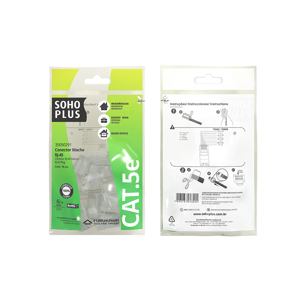 Mostrar detalhes de CONECTOR MACHO RJ45 FURUKAWA SOHOPLUS CAT5E PARA CABO SOLIDO E FLEXIVEL PCT 10 UND Imagem de CONECTOR MACHO RJ45 FURUKAWA SOHOPLUS CAT5E PARA CABO SOLIDO E FLEXIVEL PCT 10 UND