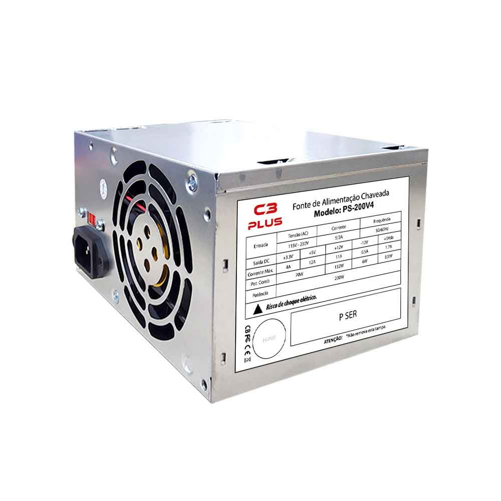 Mostrar detalhes de FONTE DE ALIMENTACAO C3TECH 200W ATX PS-200V4 S/CABO Imagem de FONTE DE ALIMENTACAO C3TECH 200W ATX PS-200V4 S/CABO